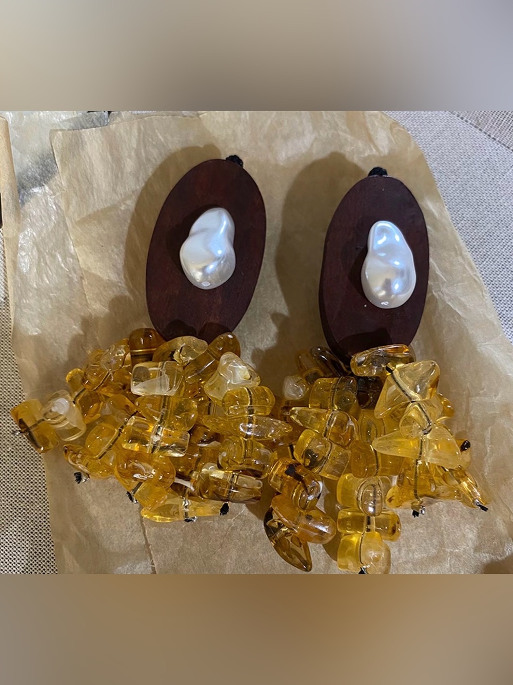 Statement Amber Bead Drop Earrings with Pearl Accent
